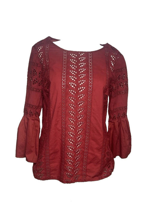 Express Tops - Express Women Red Round Neck Eyelet Bell 3/4 Sleeve Keyhole Blouse Medium